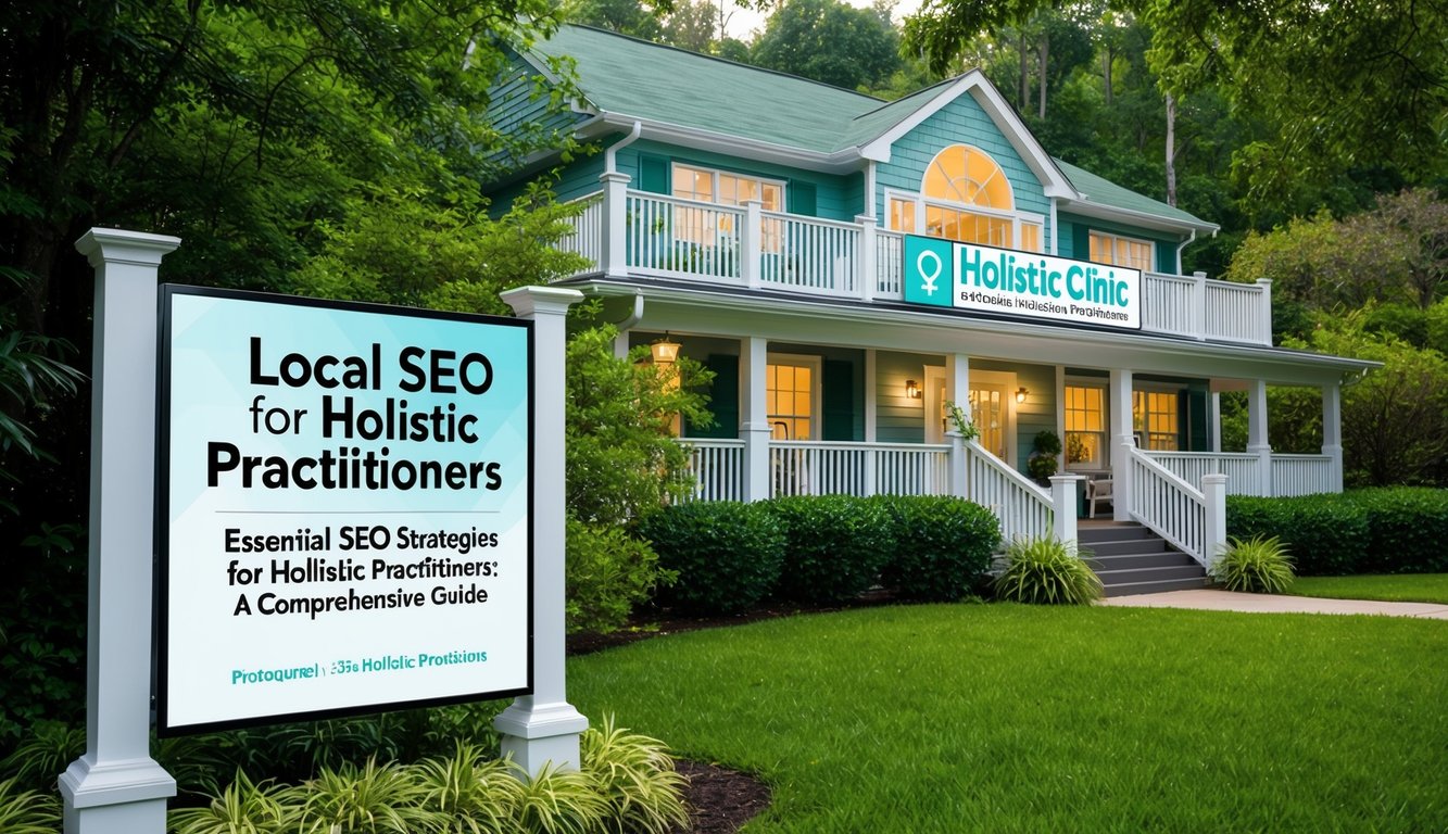 A serene holistic clinic nestled among lush greenery, with a sign displaying "Local SEO For Holistic Practitioners Essential SEO Strategies for Holistic Practitioners: A Comprehensive Guide" prominently