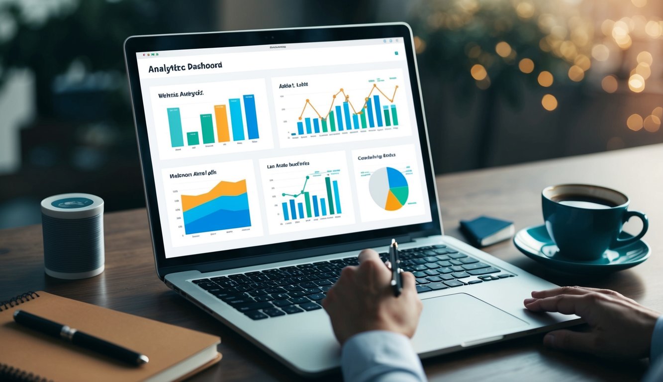 A laptop displaying a website's analytics dashboard with various charts and graphs, surrounded by a notebook, pen, and cup of coffee