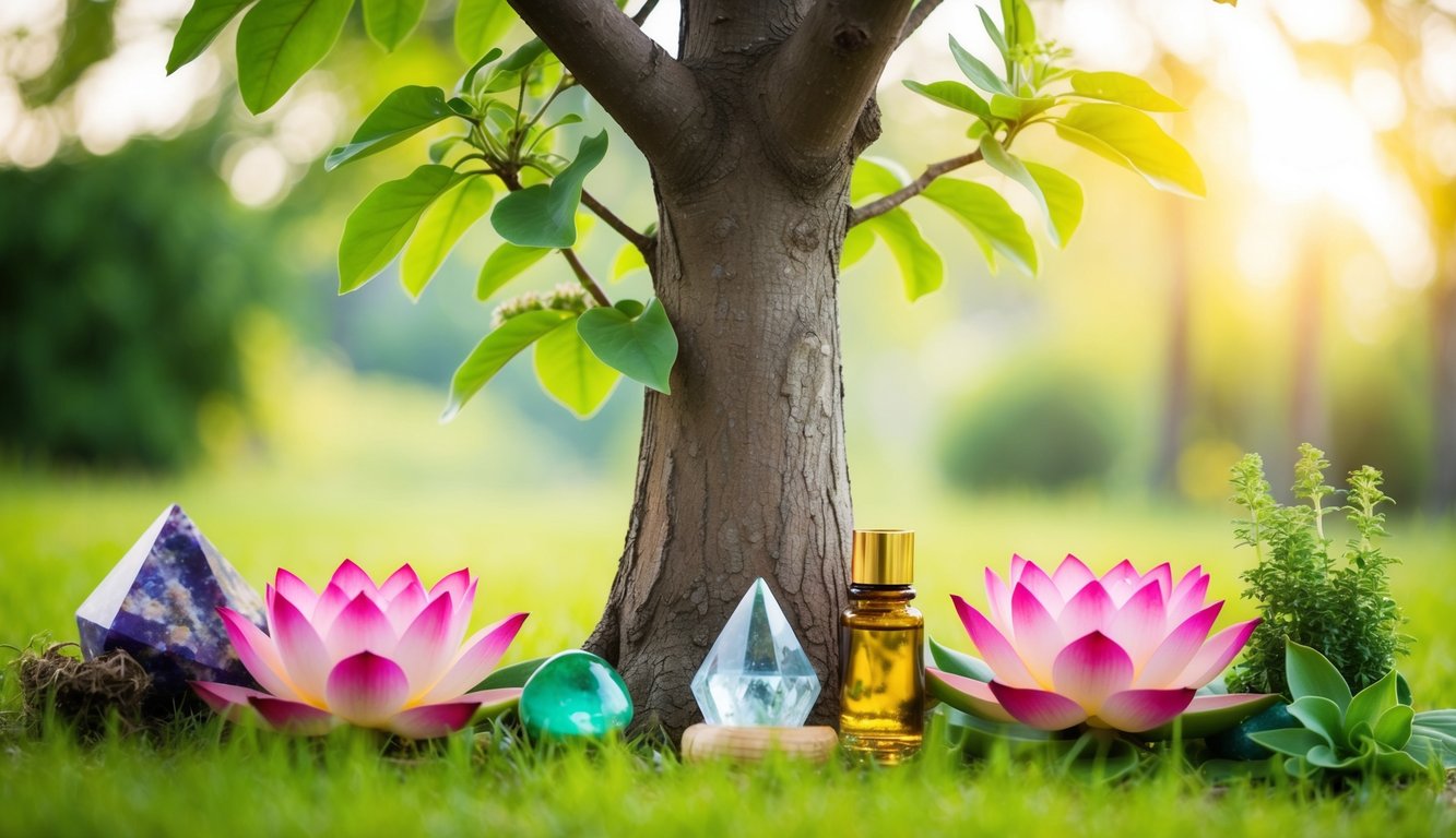 A serene, natural setting with a tree surrounded by various holistic symbols like lotus flowers, healing crystals, and herbal plants