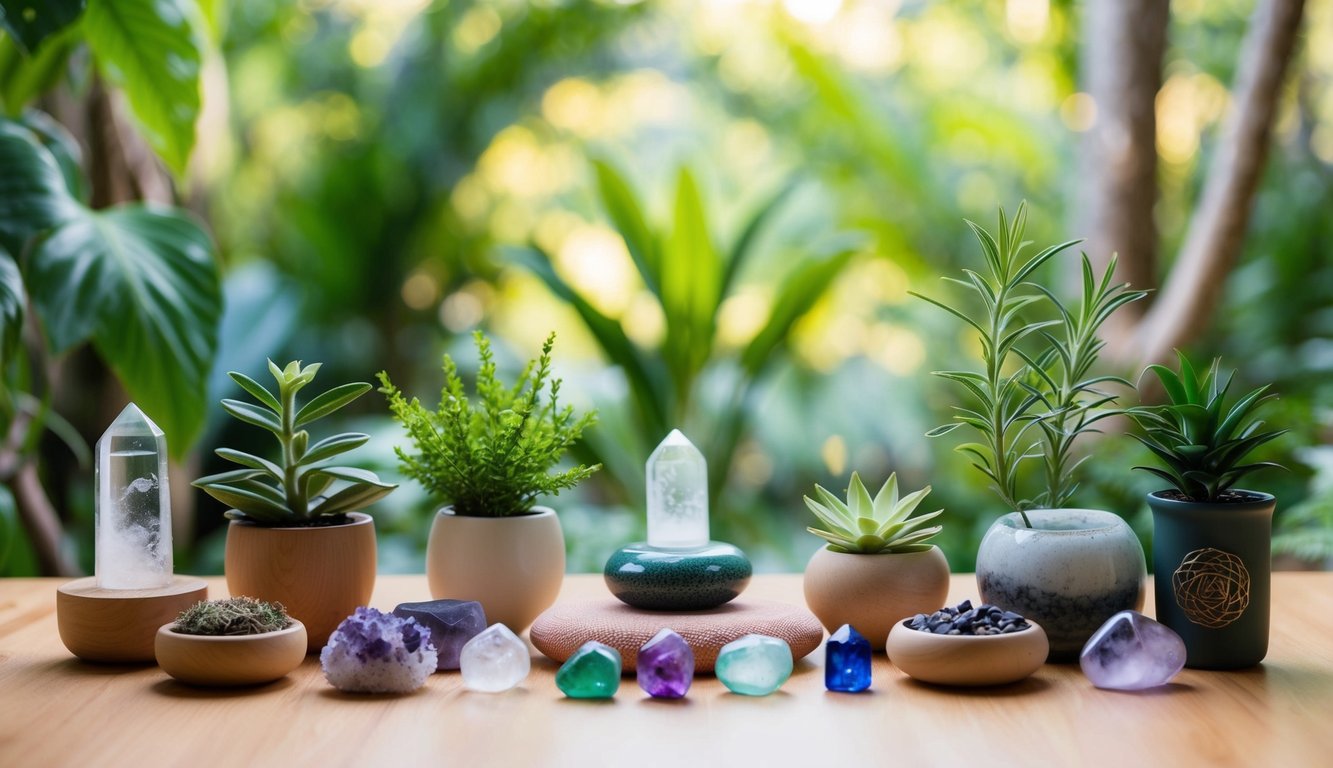 A serene, nature-filled setting with a variety of holistic symbols such as plants, crystals, and wellness tools arranged in an organized and visually appealing manner