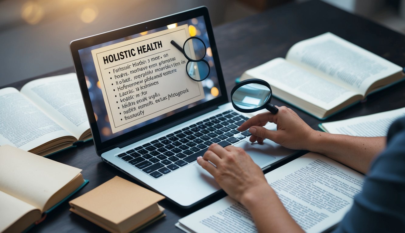 A person typing on a laptop, surrounded by open books and papers, with a magnifying glass highlighting specific keywords related to holistic health