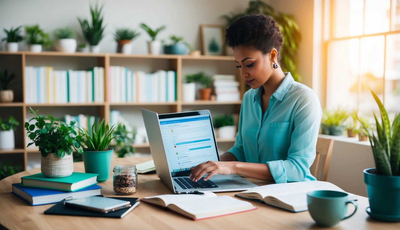 A person researching keywords on a laptop surrounded by holistic health-related books and plants