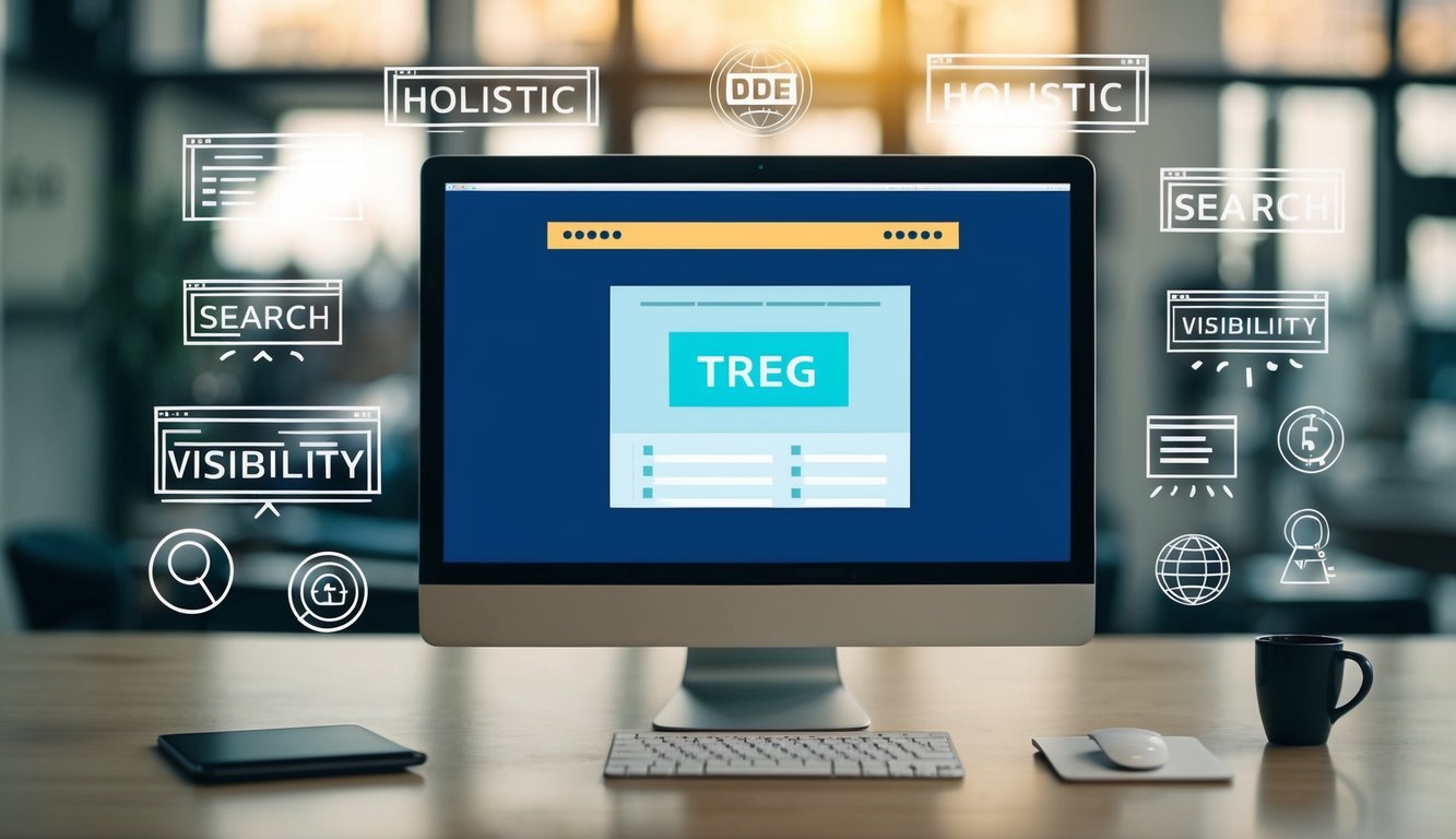 A computer screen displaying a website with well-structured header tags, surrounded by various holistic and search visibility symbols