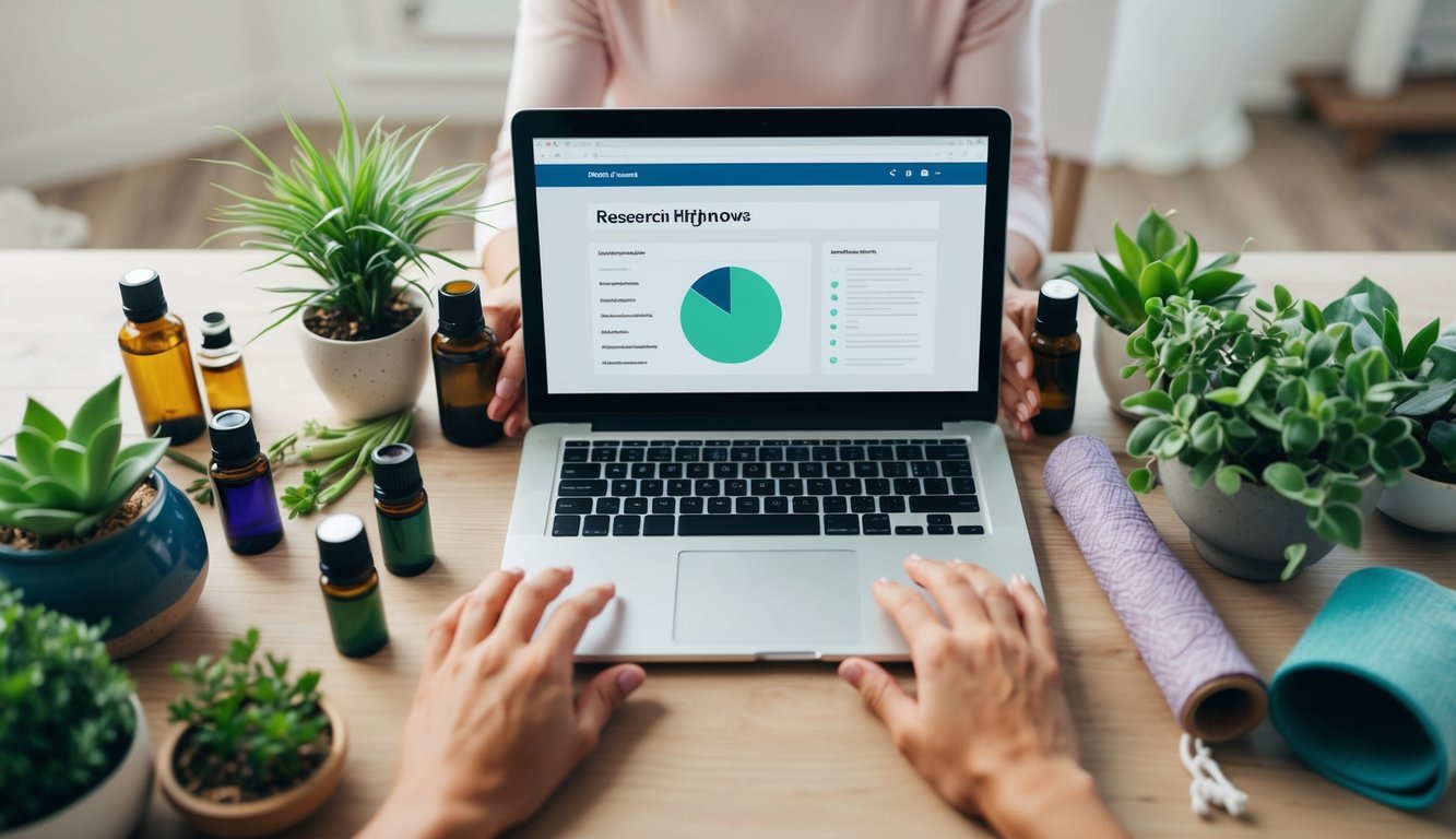 A person researching keywords on a laptop surrounded by holistic health-related items like plants, essential oils, and yoga props