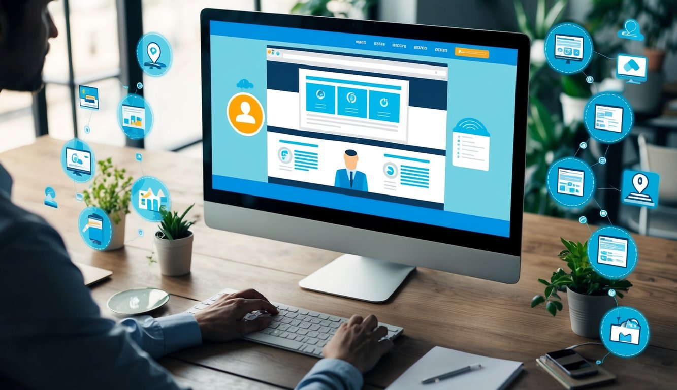 A computer screen displaying a website with various on-page optimization techniques, surrounded by icons representing search visibility and holistic website elements
