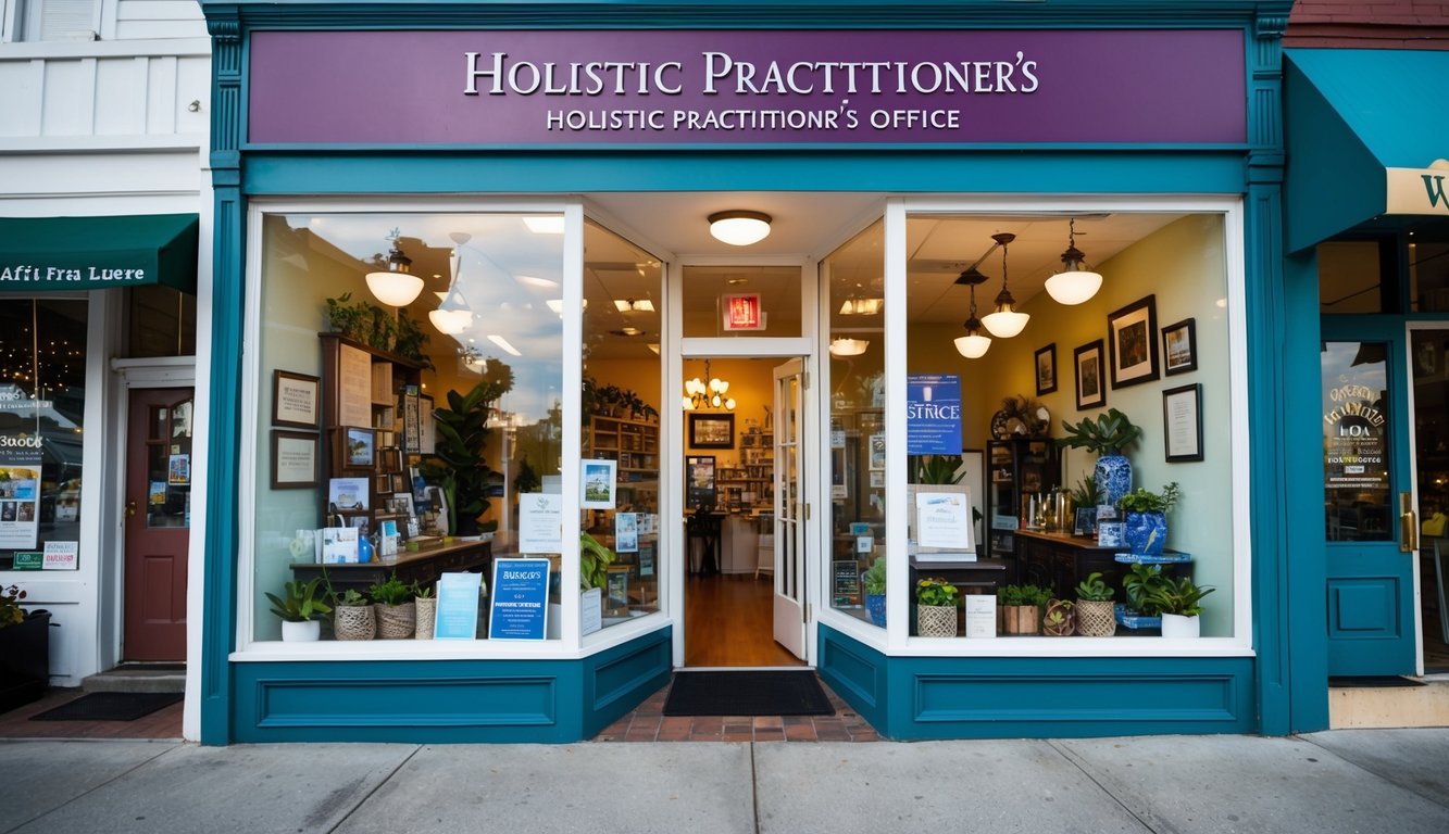 A holistic practitioner's office with a welcoming storefront, surrounded by local businesses and a diverse community