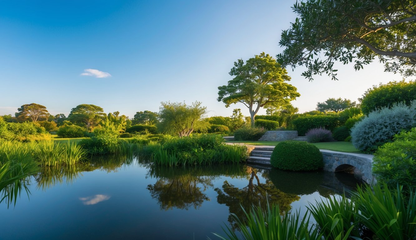 A serene, nature-inspired setting with a tranquil pond, lush greenery, and a clear blue sky, evoking a sense of peace and harmony