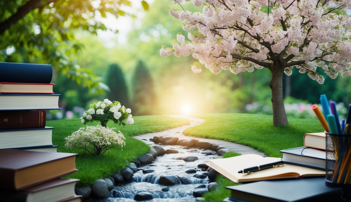 A serene garden with a blooming tree, a flowing stream, and a path leading to a glowing light, surrounded by books and writing materials