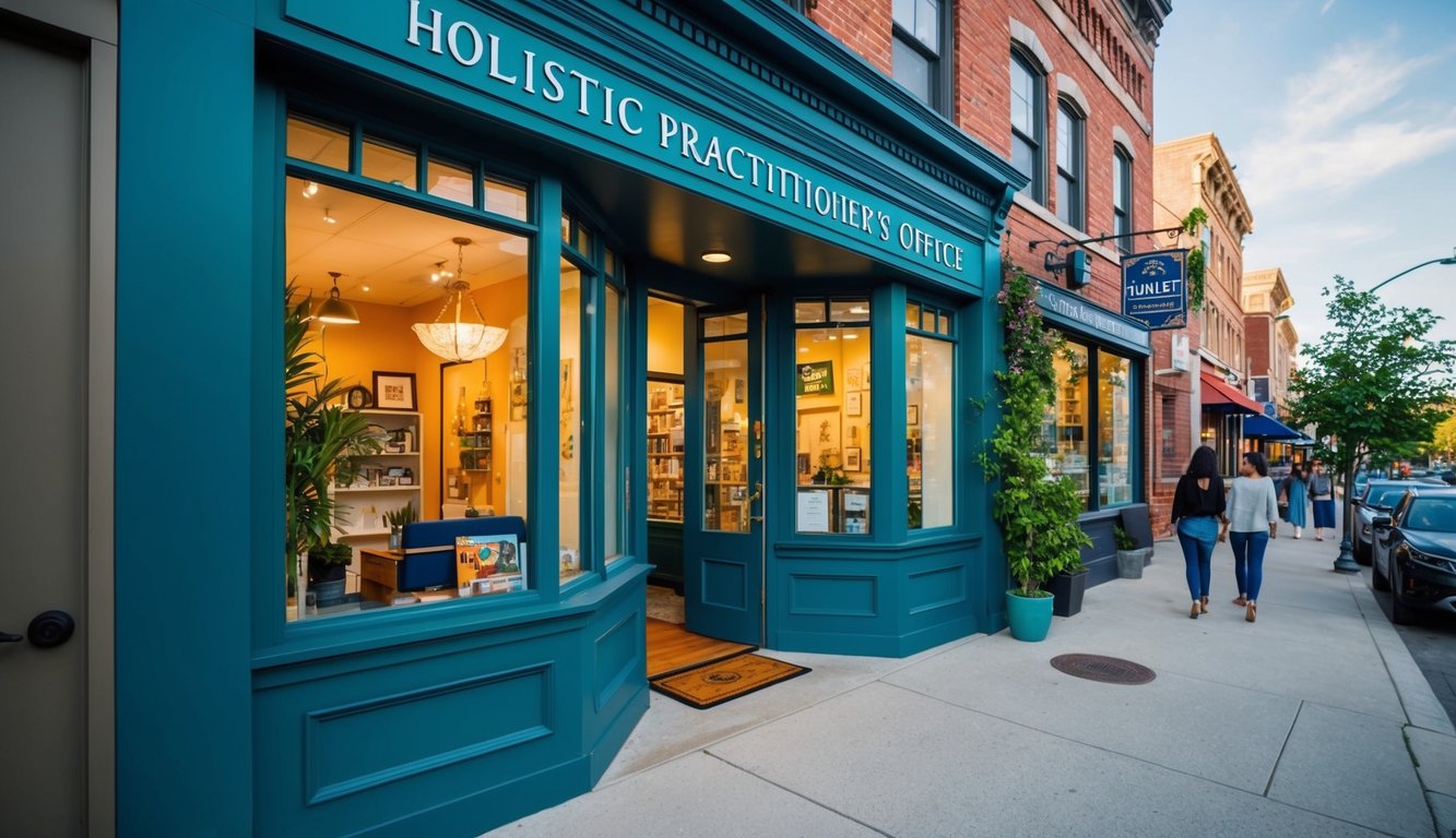 A holistic practitioner's office nestled in a vibrant neighborhood, with a welcoming storefront and a bustling community around it