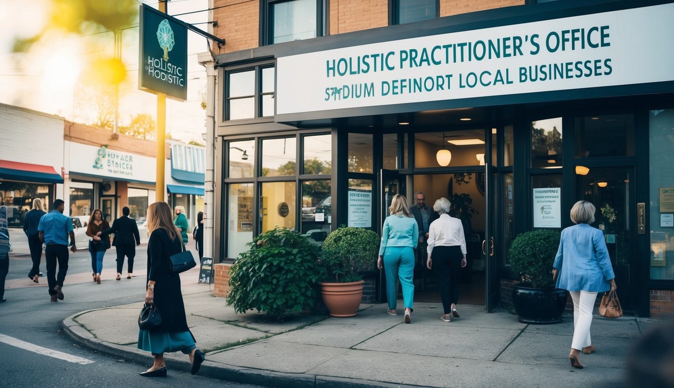 A holistic practitioner's office surrounded by local businesses, with a prominent sign and a steady flow of clients entering the building