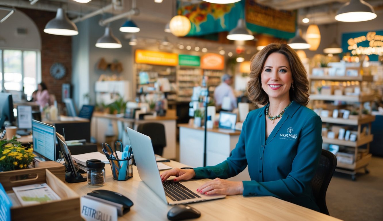 A holistic practitioner's office nestled among local businesses, with a vibrant community market in the background