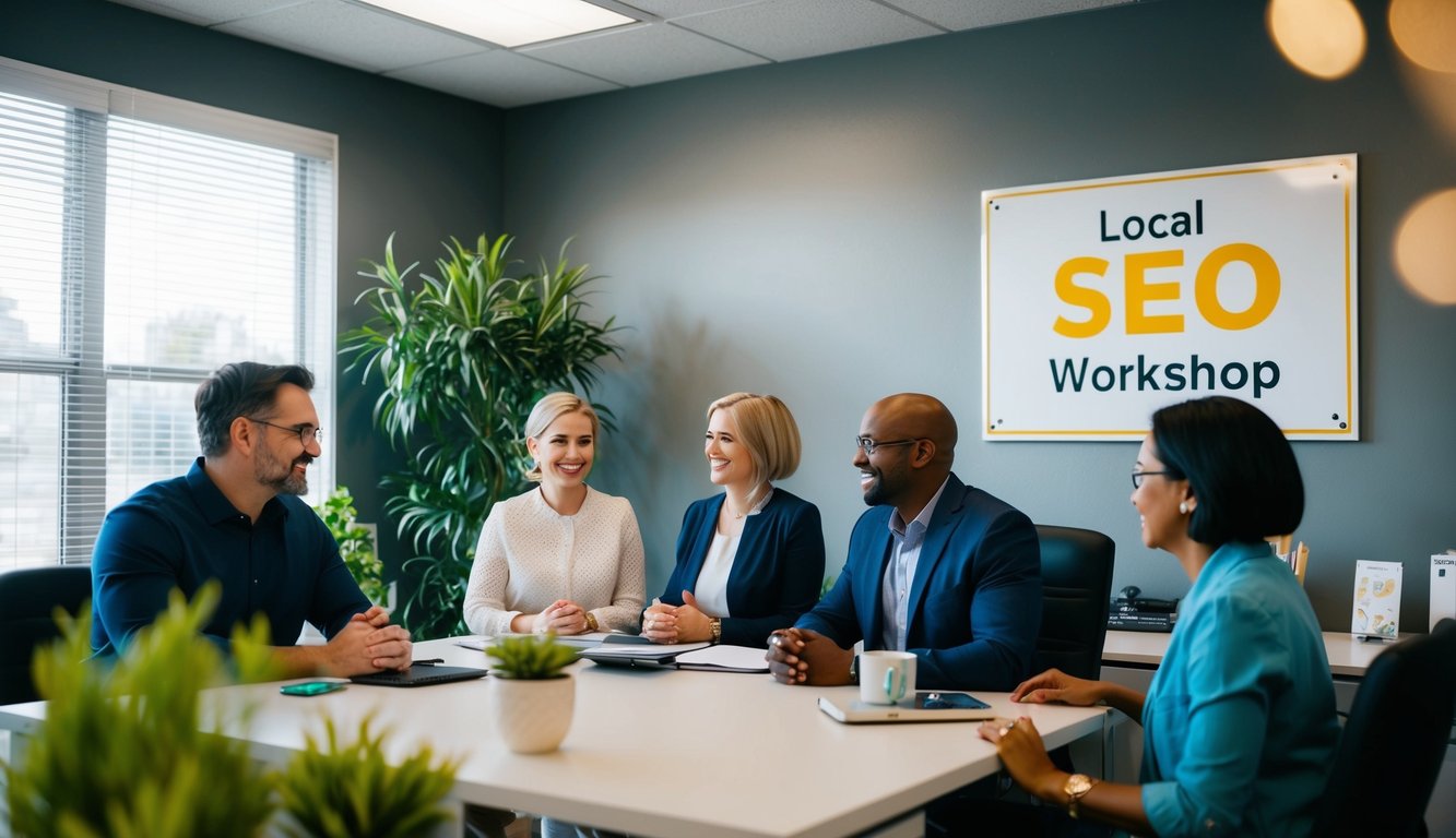 A holistic practitioner's office with a sign reading "Local SEO Workshop" and a group of practitioners engaging with their community