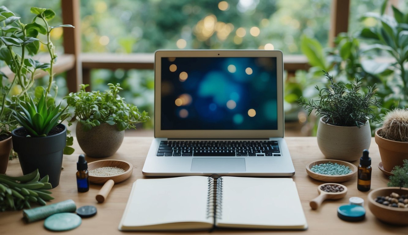 A peaceful, natural setting with a laptop and open notebook, surrounded by plants and holistic healing tools