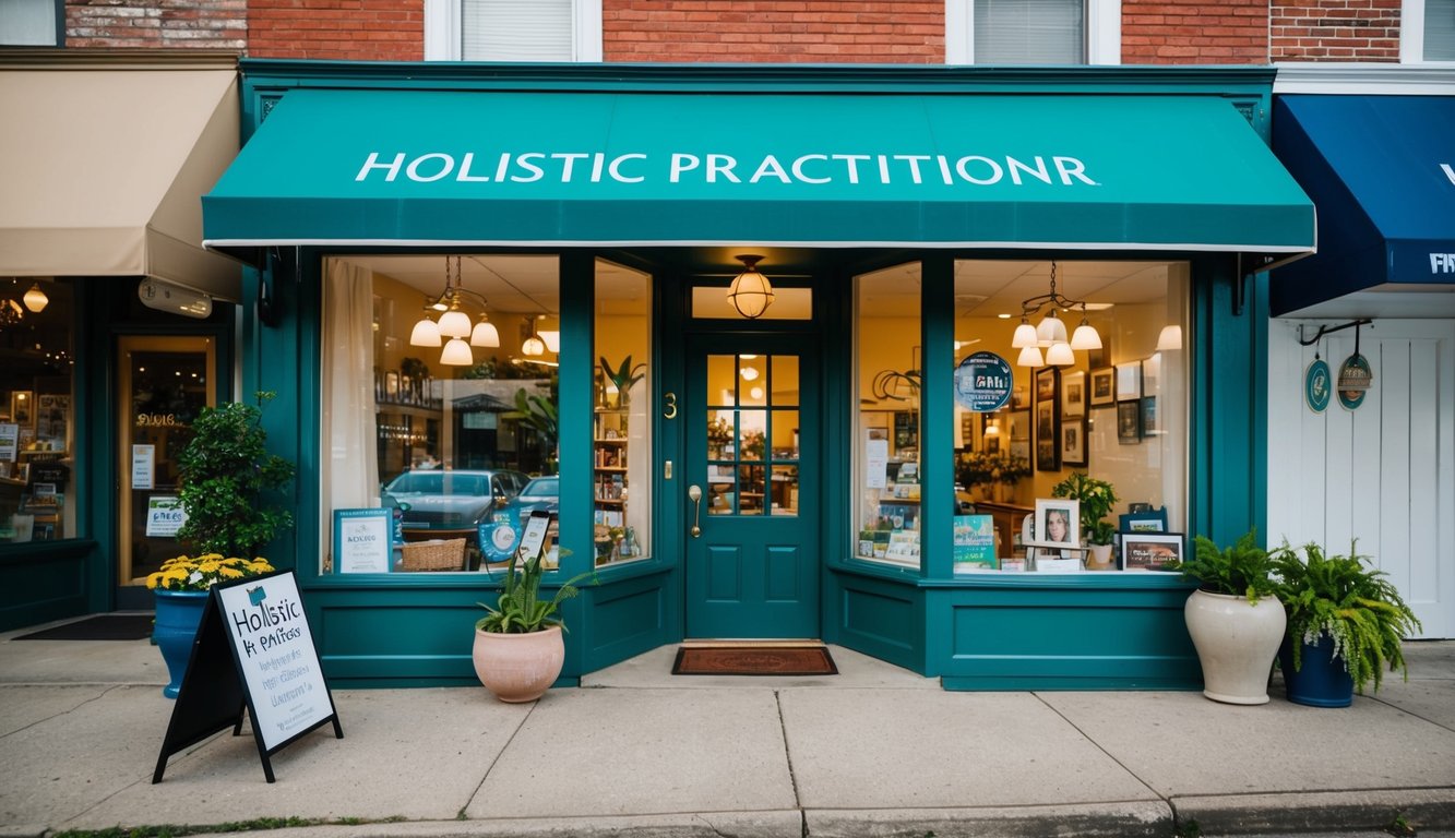 A holistic practitioner's office with a welcoming storefront, surrounded by local businesses and a diverse community