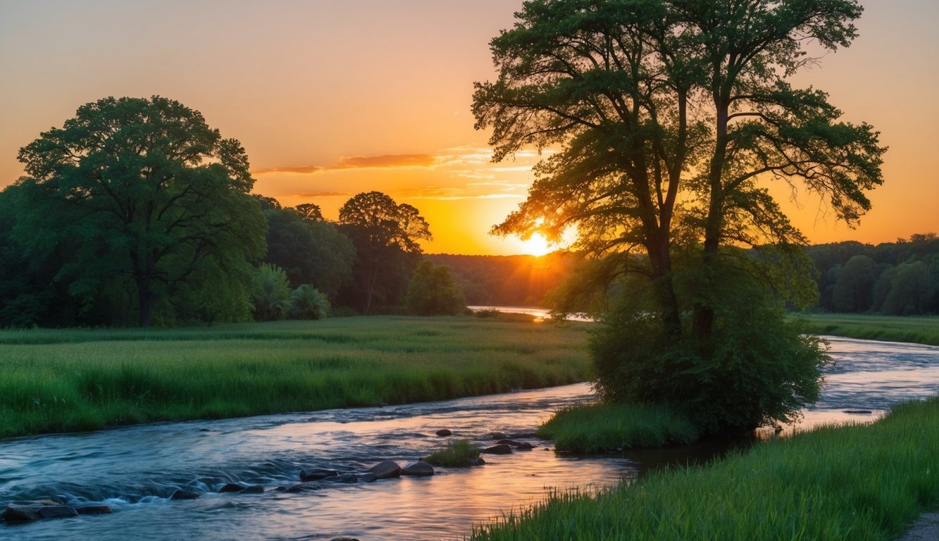 A serene nature scene with a flowing river, lush green trees, and a vibrant sunset casting warm hues across the landscape