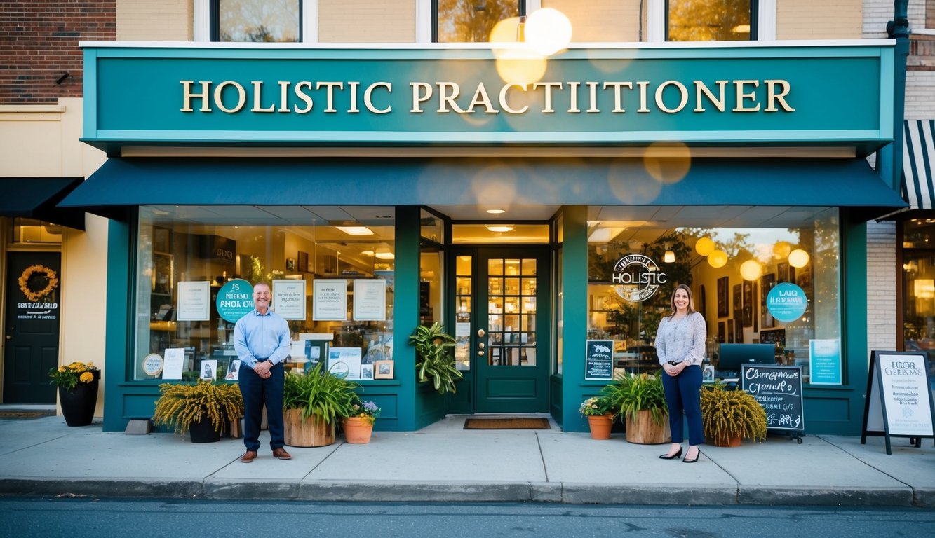 A holistic practitioner's office with a welcoming exterior, surrounded by local businesses and community members