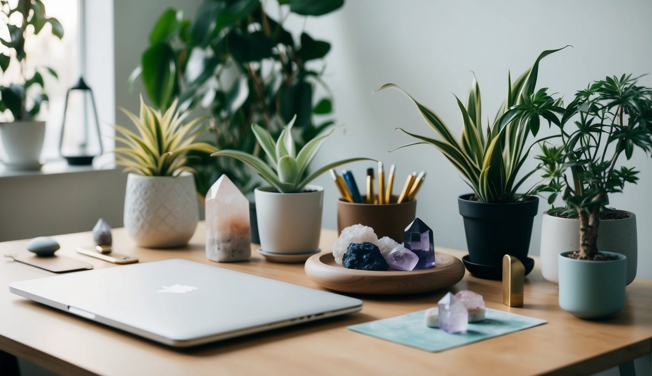 A serene, nature-inspired workspace with a desk adorned with plants, crystals, and holistic healing tools. Soft lighting and calming colors create a peaceful atmosphere