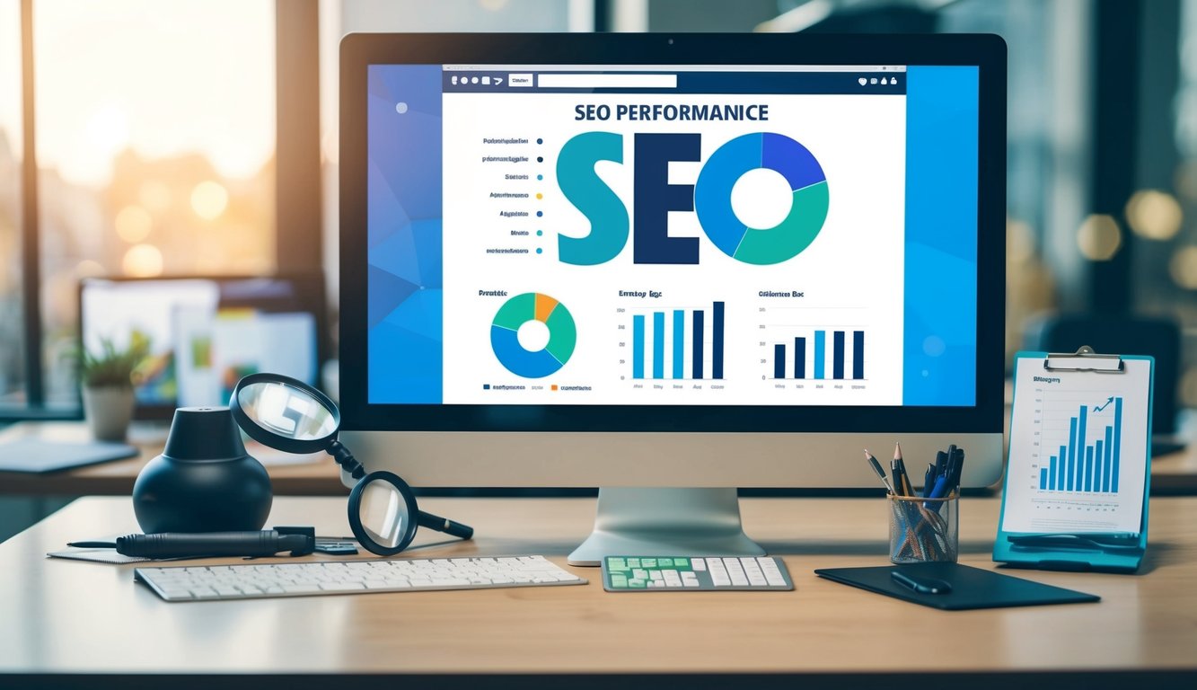 A desk with a computer displaying various SEO performance metrics, surrounded by tools such as a magnifying glass, ruler, and charts