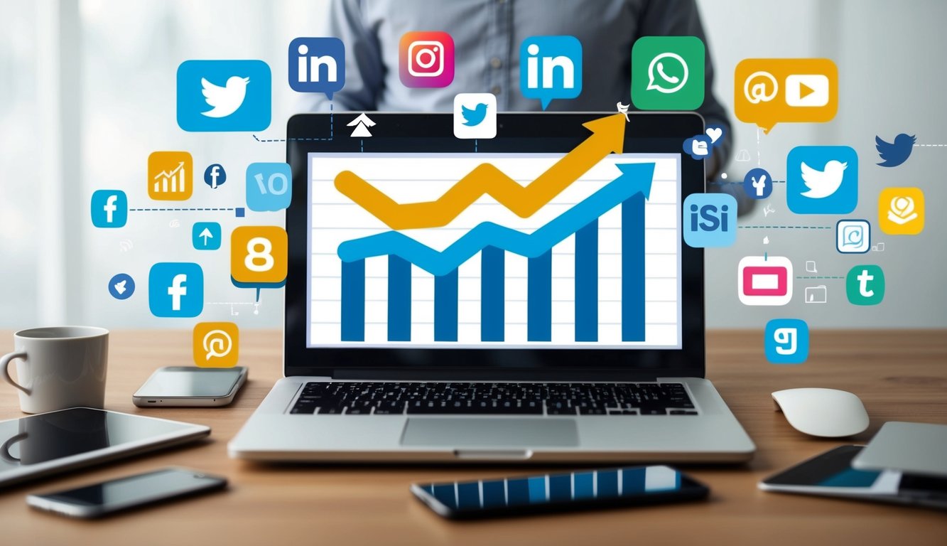 A laptop surrounded by various social media icons and symbols, with a graph showing an upward trend in online engagement