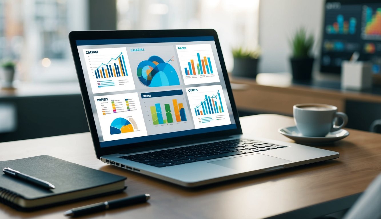 A laptop displaying a variety of colorful graphs and charts, surrounded by a notebook, pen, and cup of coffee on a desk