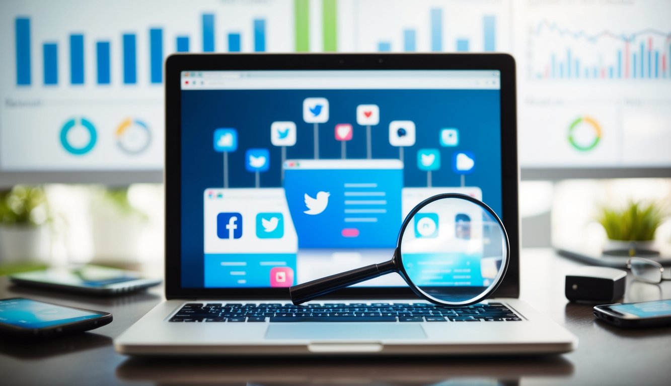 A laptop with social media icons and a magnifying glass over a website, surrounded by graphs and charts