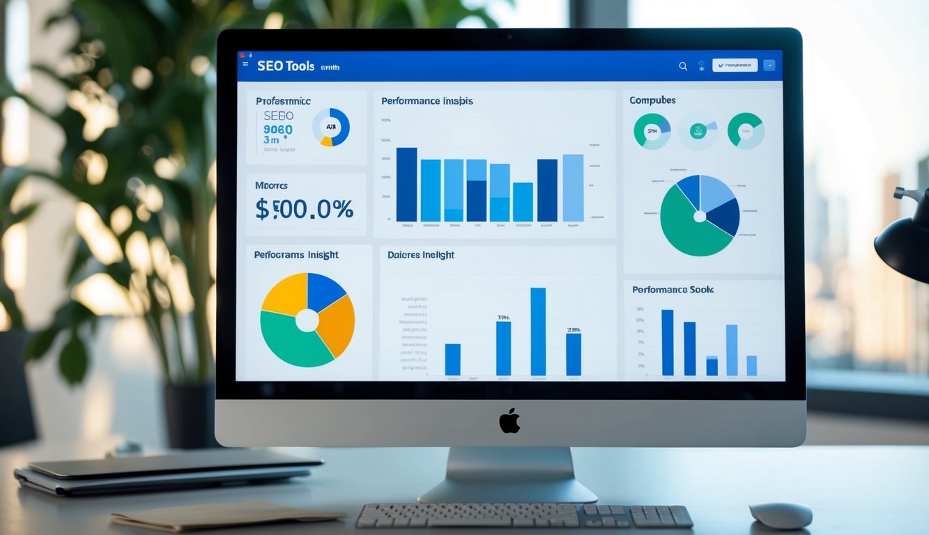 A computer screen displays various SEO tools and metrics, with charts and graphs showing performance insights