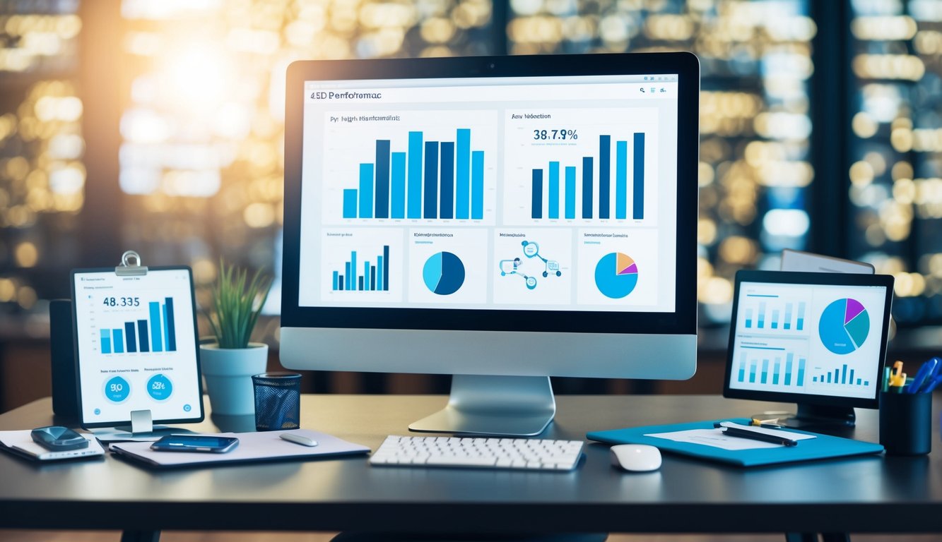 A desk with a computer showing various SEO performance metrics, surrounded by charts, graphs, and other analytical tools