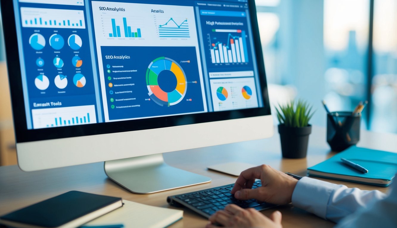 A desk with a computer screen showing SEO analytics tools, surrounded by charts and graphs, with a person's notebook and pen nearby