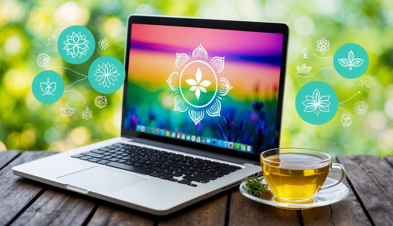 A laptop surrounded by vibrant, nature-inspired imagery and wellness symbols. A cup of herbal tea sits nearby, adding to the tranquil and inviting atmosphere