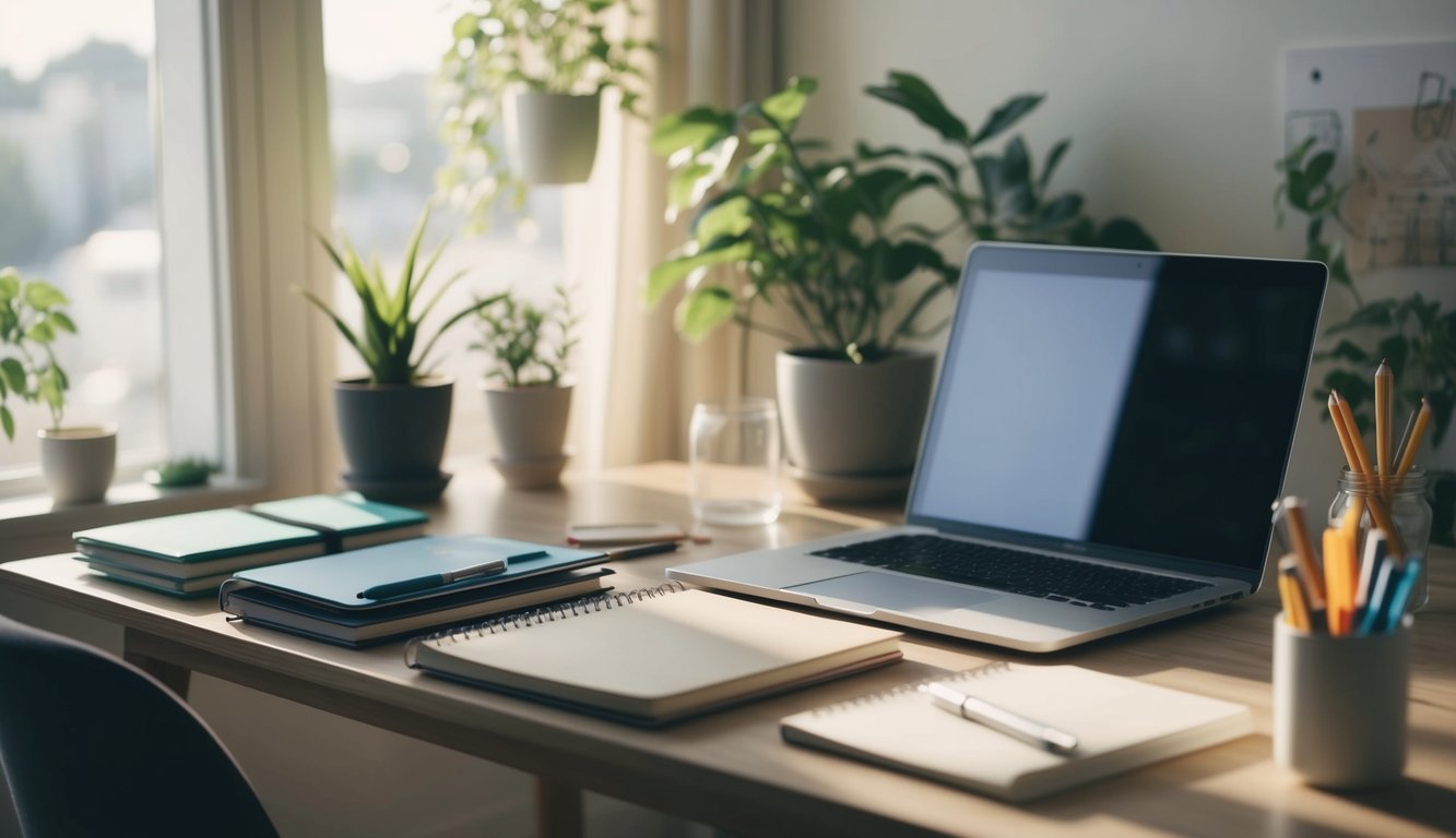 A cozy, sunlit room with a desk covered in notebooks, pens, and a laptop. A serene atmosphere with plants and calming decor