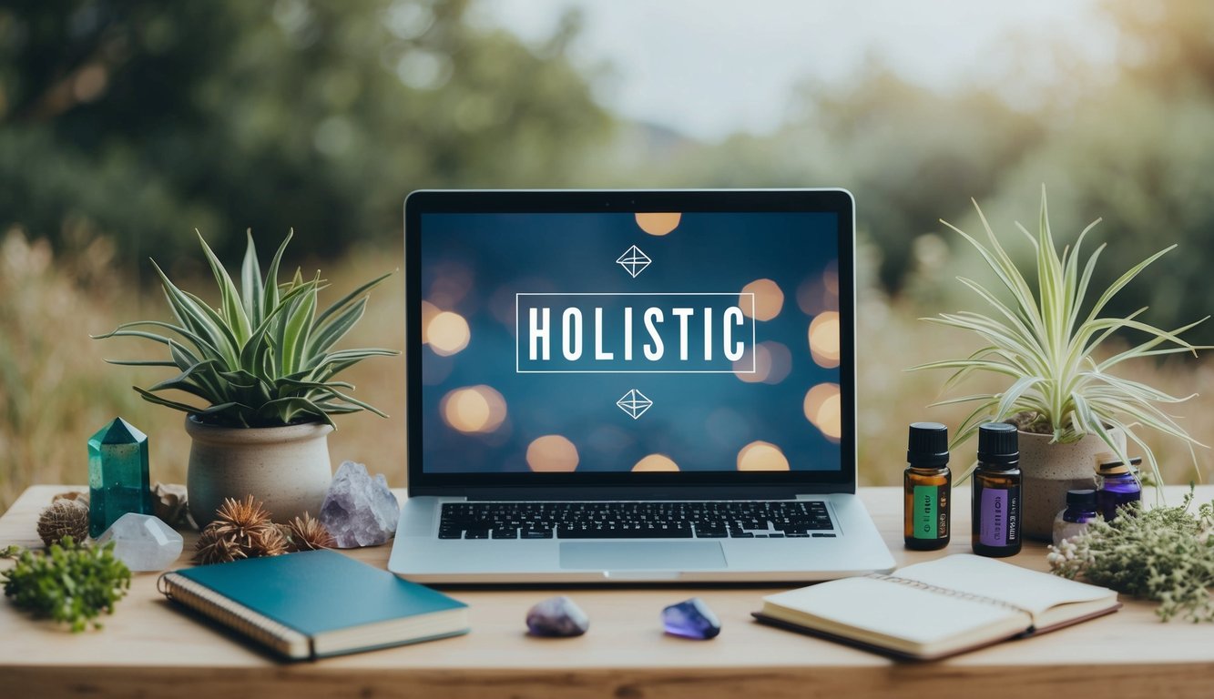 A serene, natural setting with a laptop and notebook surrounded by holistic symbols like plants, crystals, and essential oils