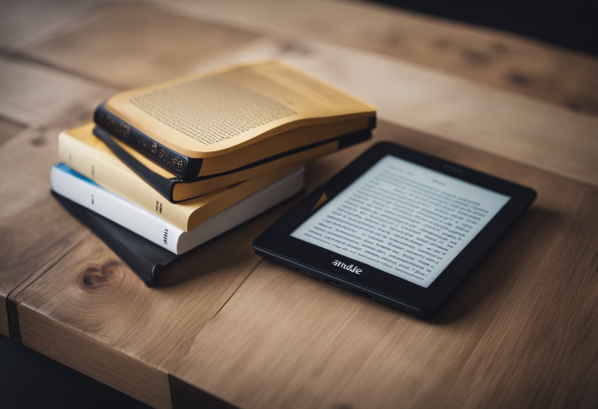 A kindle e-reader resting on a wooden table, surrounded by a stack of e-books and the amazon logo in the background, with e-ink display