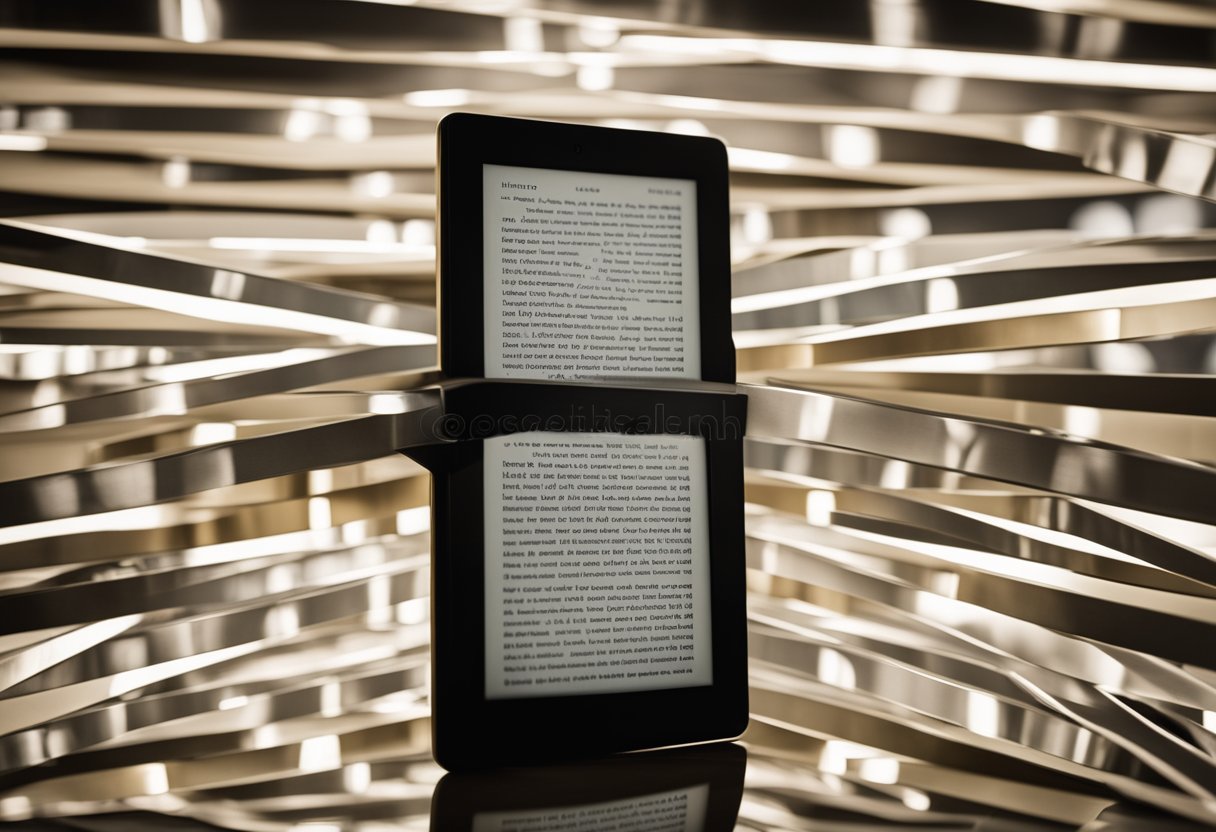 An Amazon Kindle e-reader surrounded by floating e-books and e-ink technology