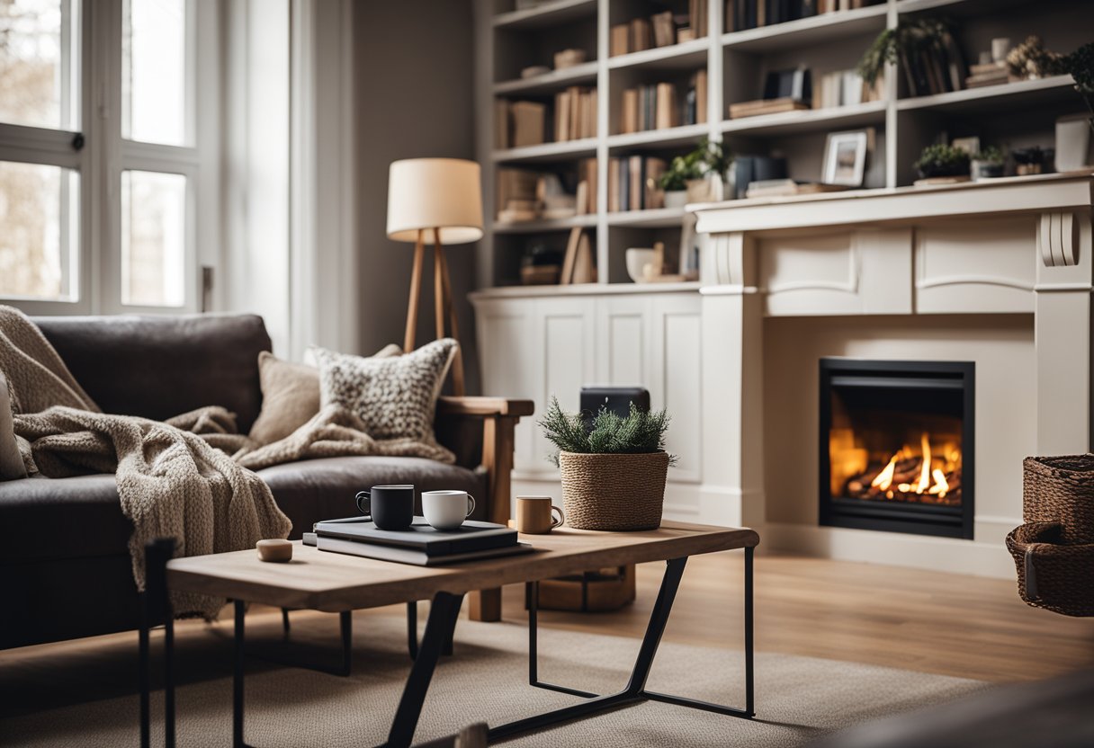 A cozy living room with a comfortable armchair, a warm fireplace, and a shelf filled with various Kindle devices and e-readers