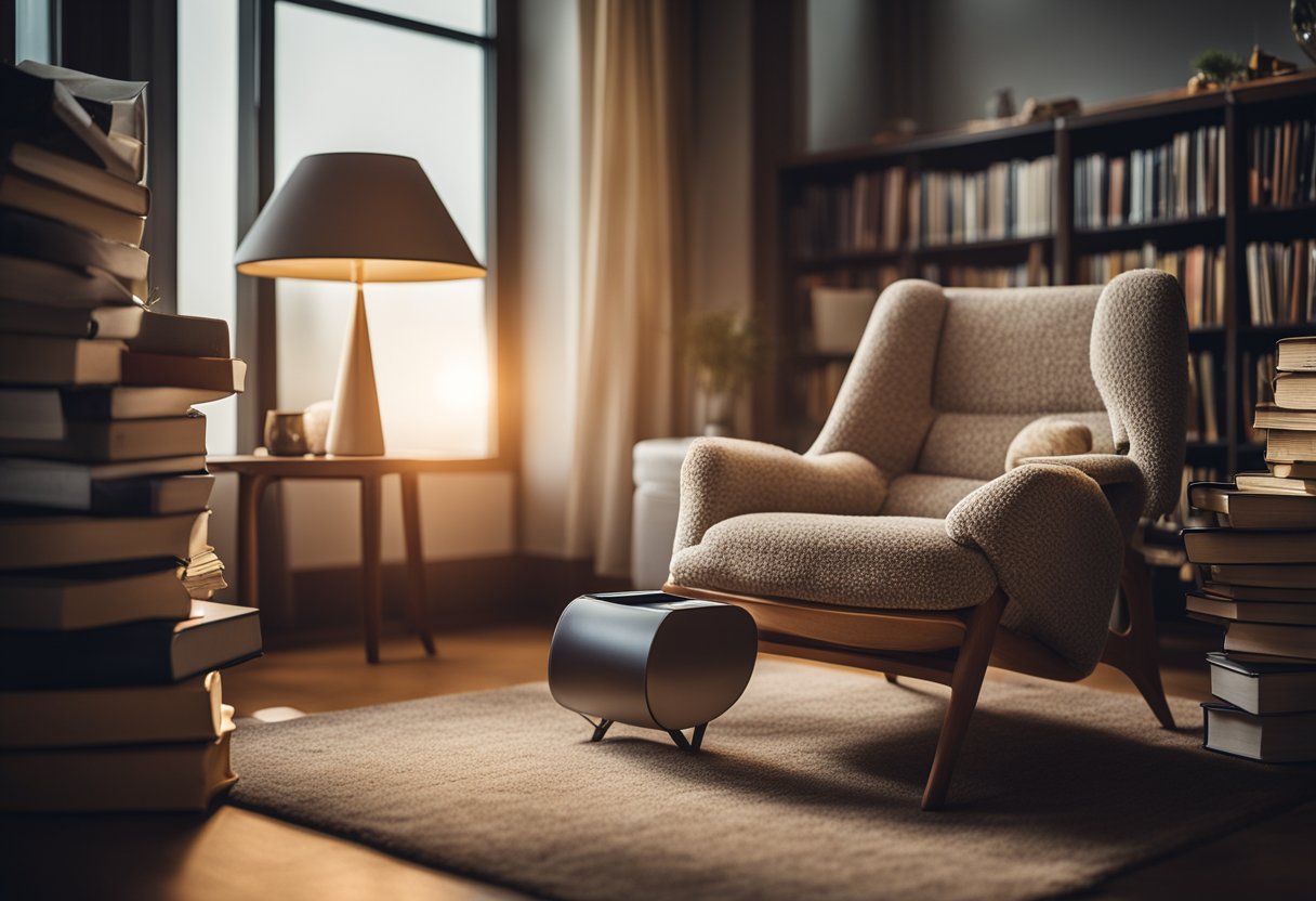 A cozy armchair with a Kindle resting on a side table, surrounded by stacks of e-books and a warm reading lamp