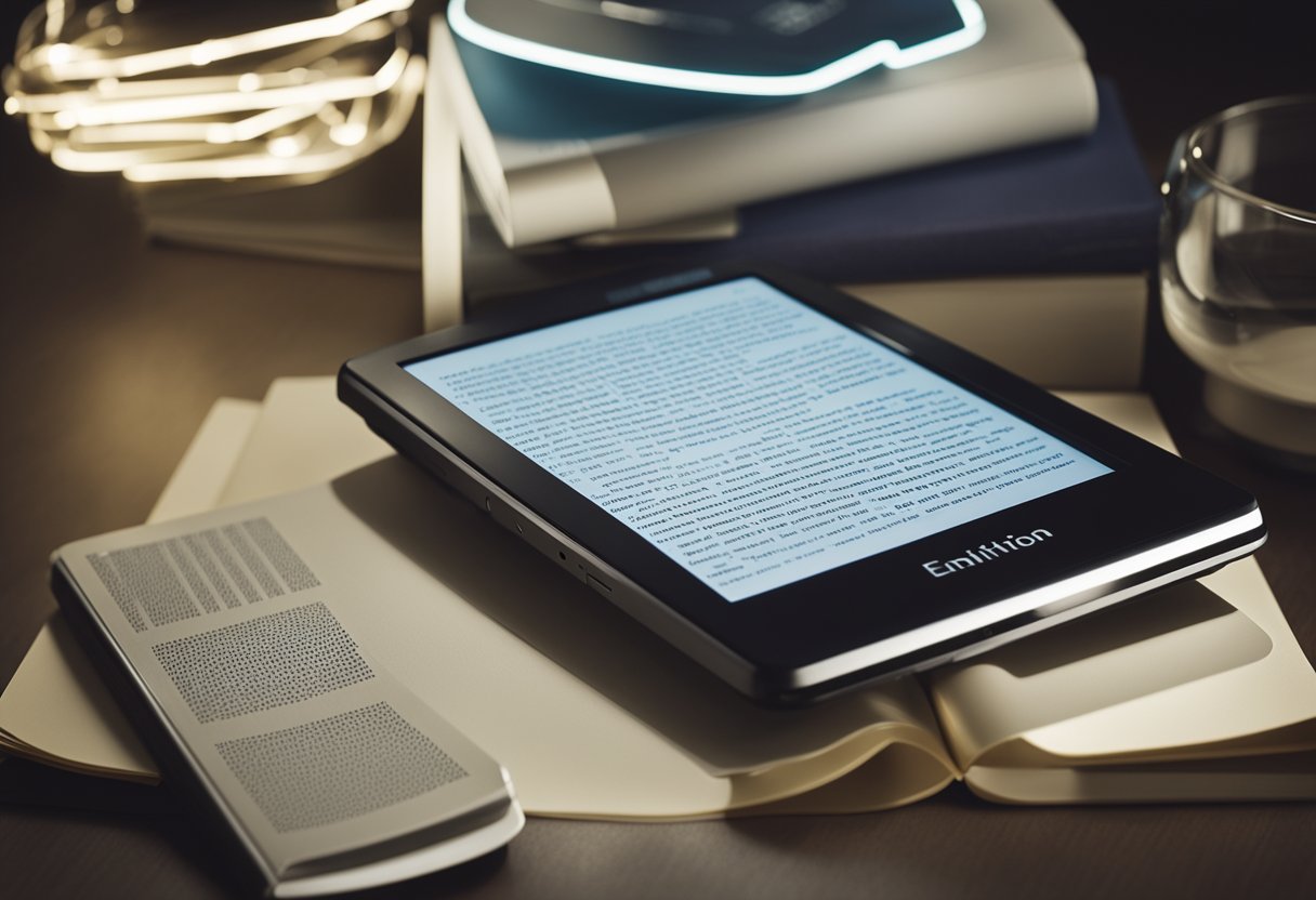 An e-reader surrounded by glowing e-ink devices and books, with a sense of technological advancement and innovation