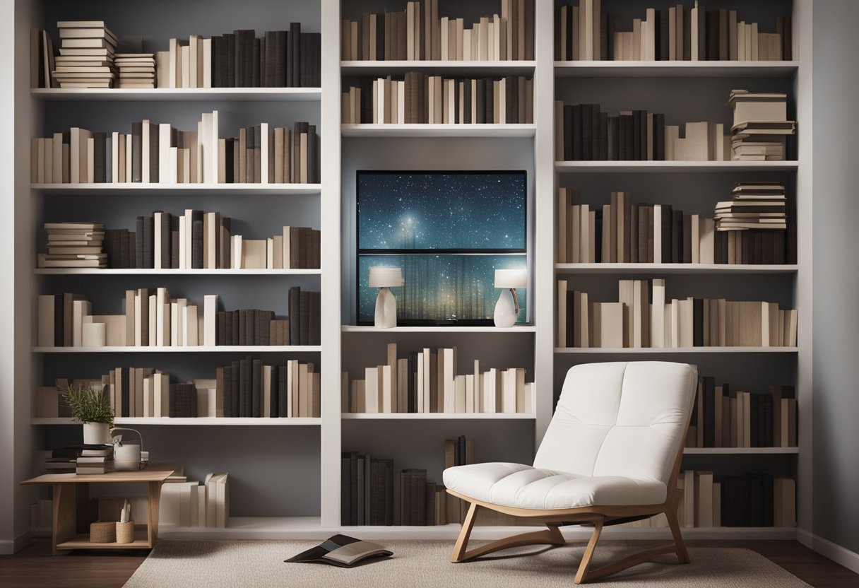 A cozy reading nook with a Kindle e-reader, surrounded by shelves of e-books, bathed in soft e-ink light