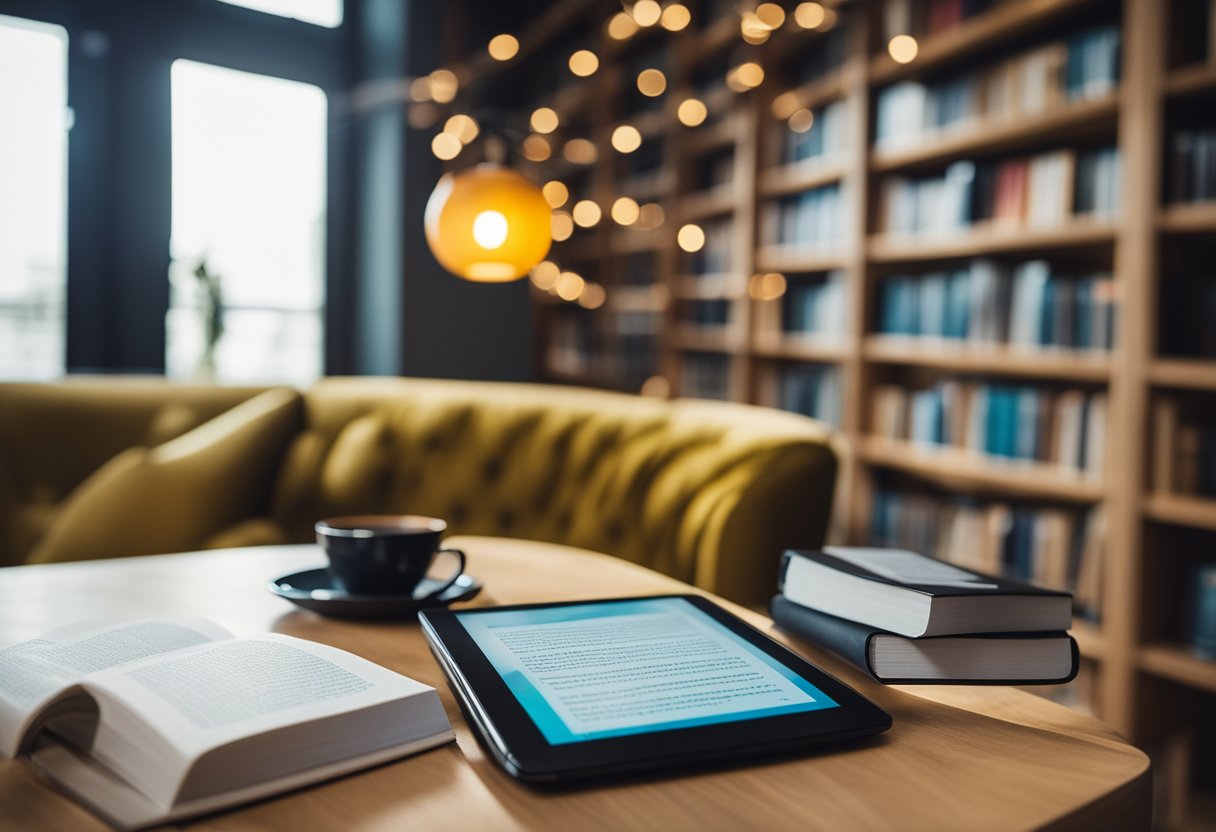 A colorful e-reader surrounded by floating e-books on a cozy reading nook