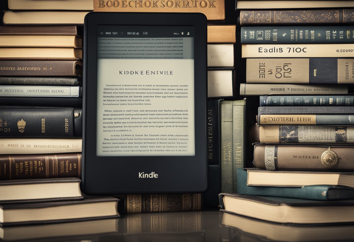 A diverse collection of e-books displayed on a Kindle e-reader screen, including various genres and authors