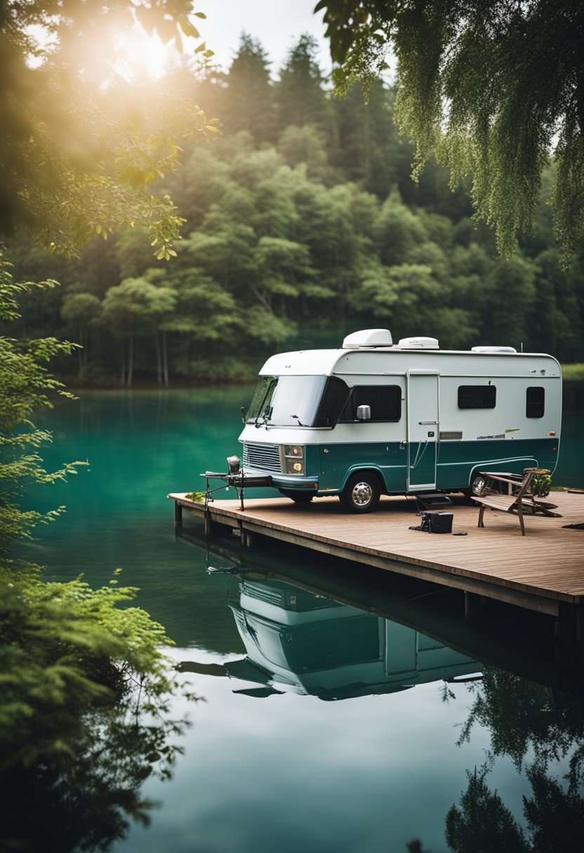 A serene lake surrounded by lush greenery, with RVs parked nearby and fishing rods lining the shore