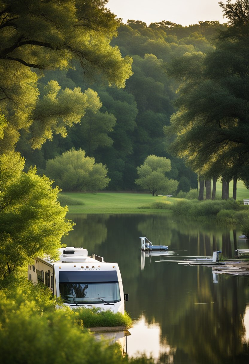 A serene scene at Flat Creek Farms RV Resort in Waco, Texas, with 10 RV parks nestled among lush greenery, and a peaceful fishing area nearby