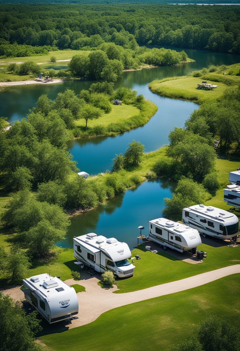 A serene RV park nestled along the banks of the I-35 with lush greenery and a serene fishing spot under a clear blue sky