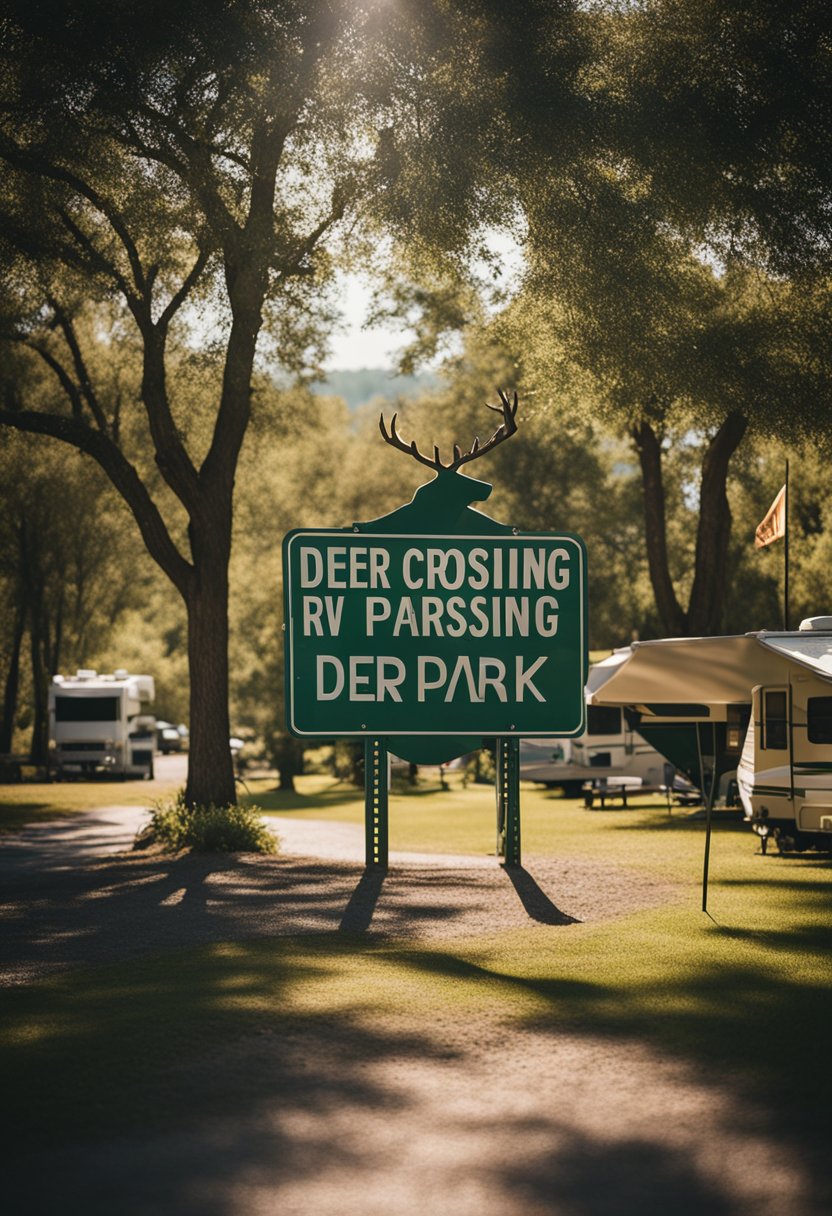 An RV park nestled among trees with a nearby fishing spot and a sign that reads "Deer Crossing RV Park."