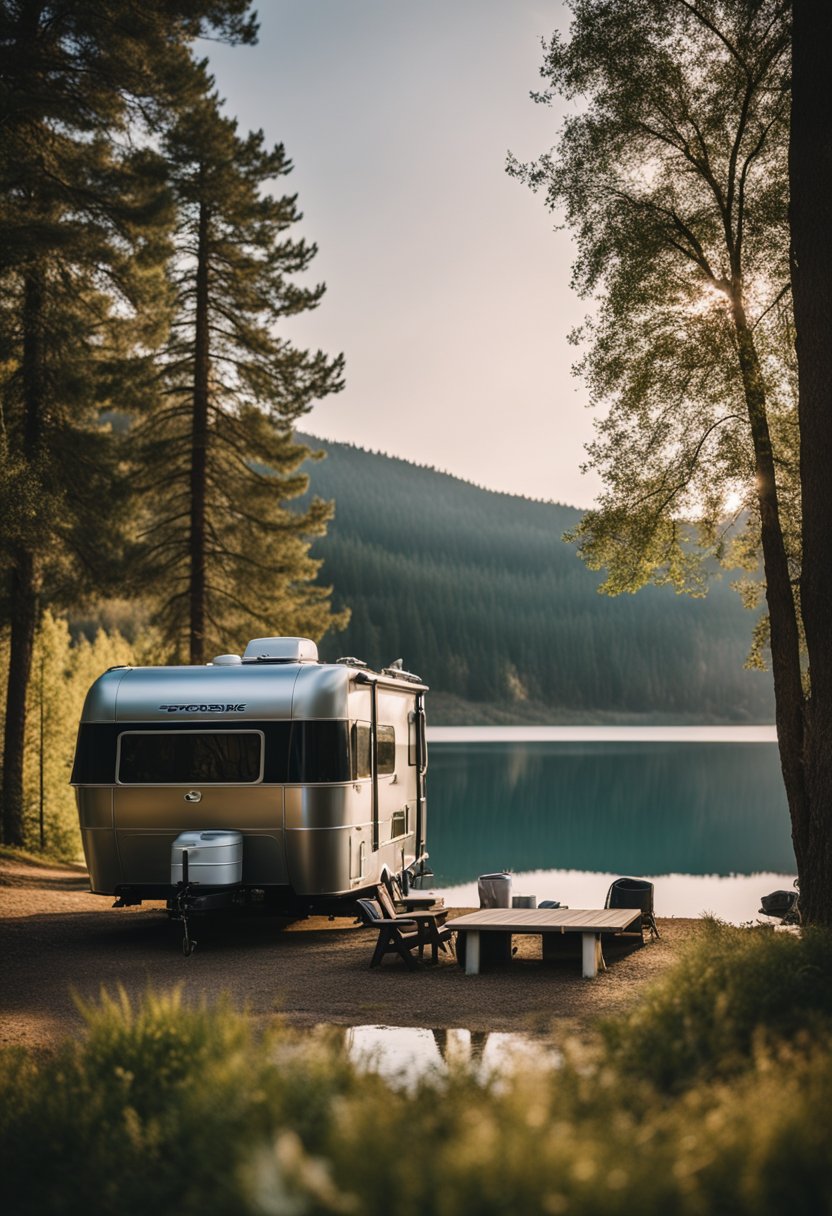 A serene lake with RVs parked nearby, surrounded by trees and fishing spots