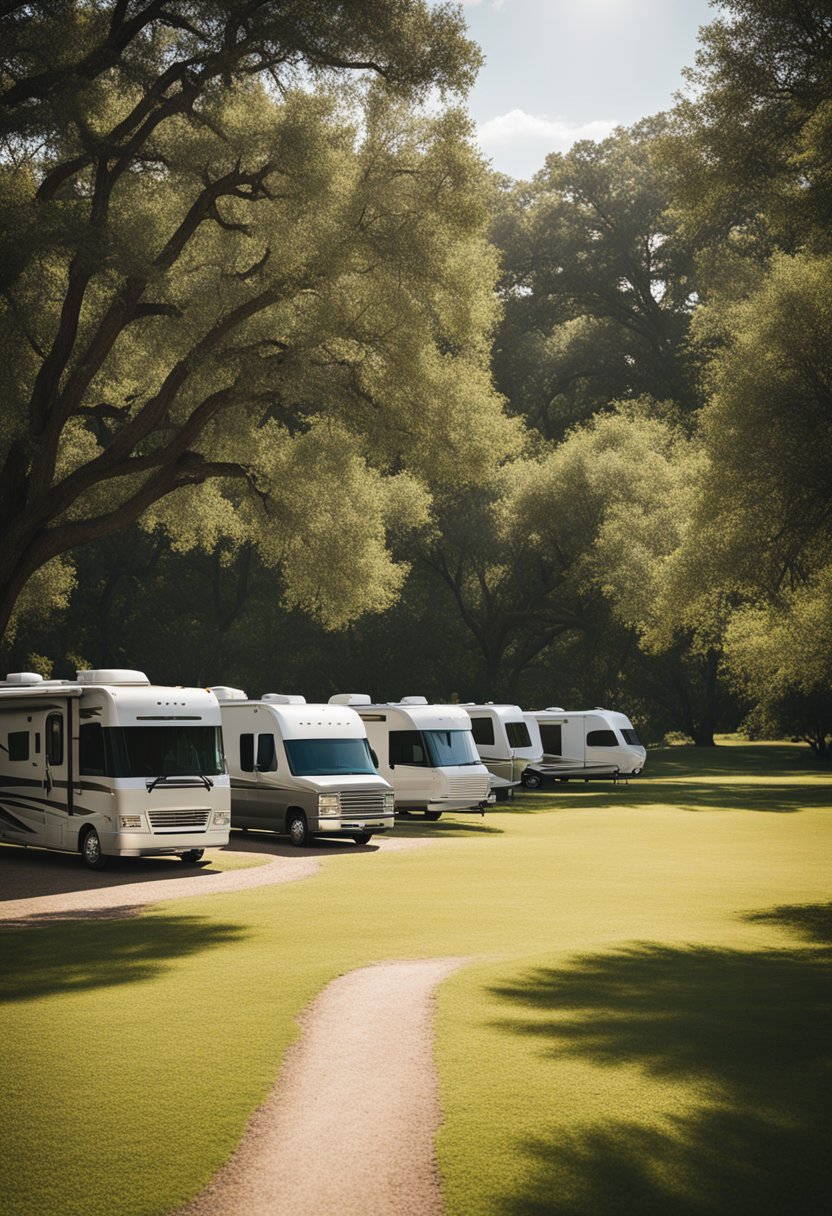 A serene park with 10 RVs nestled among trees, near a tranquil fishing spot in Waco, Texas