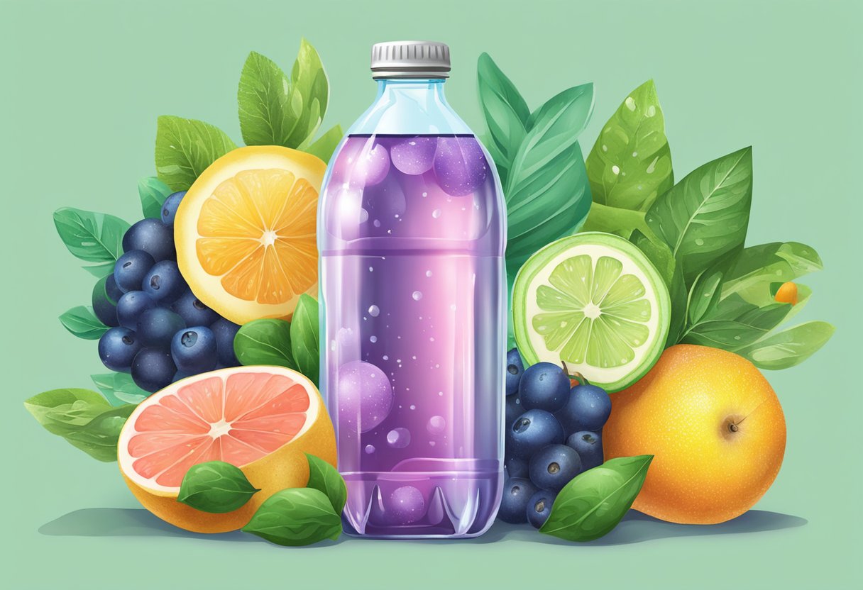 A sparkling water bottle surrounded by vibrant fruits and greenery