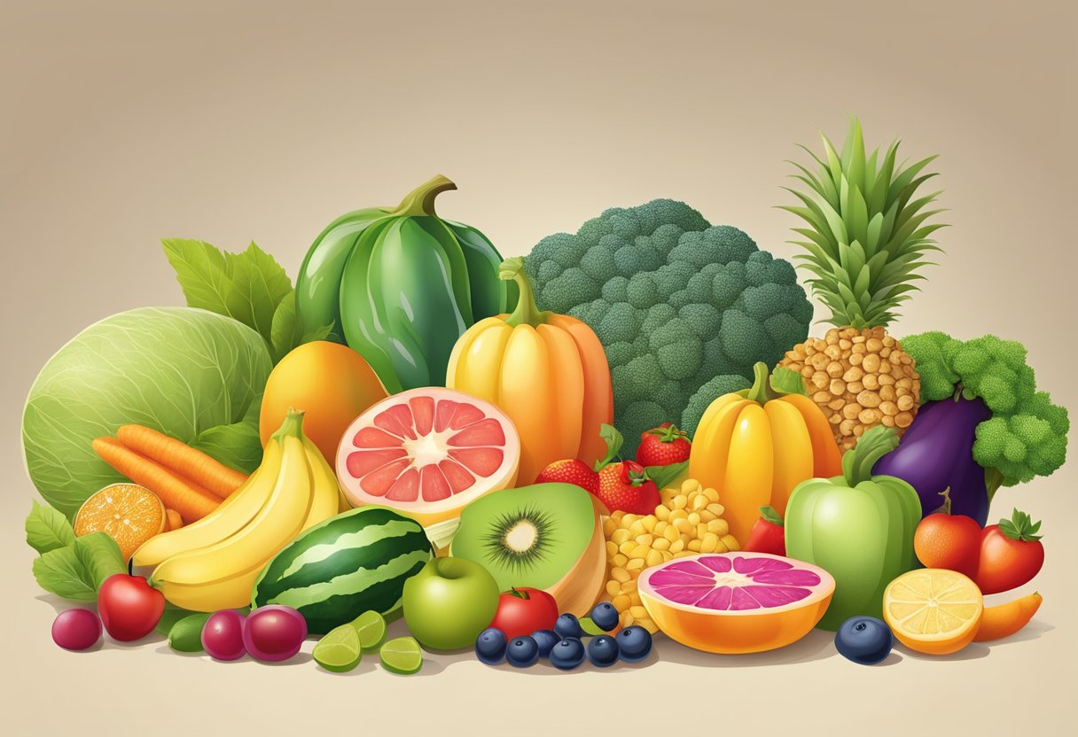 A table with a variety of colorful fruits, vegetables, grains, and proteins arranged in a balanced and visually appealing manner