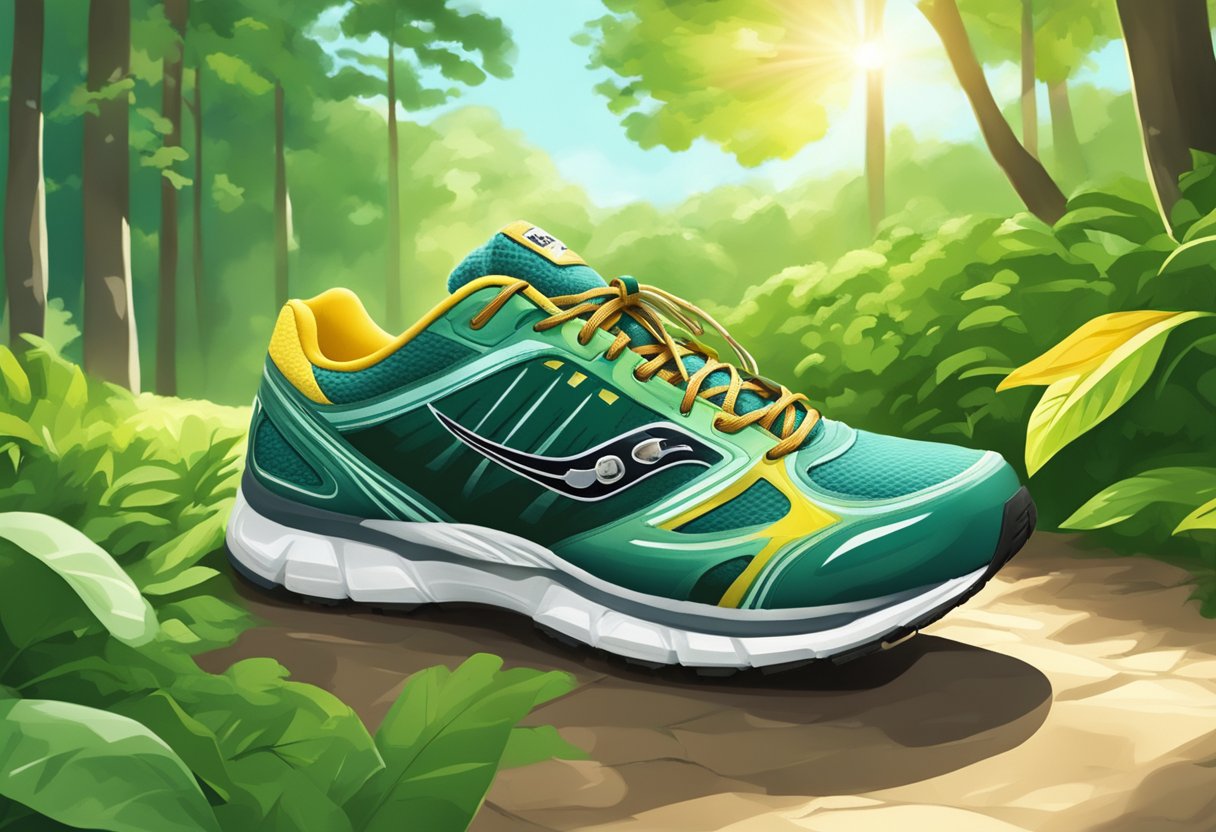 A pair of running shoes on a path, surrounded by lush greenery and bright sunlight filtering through the trees