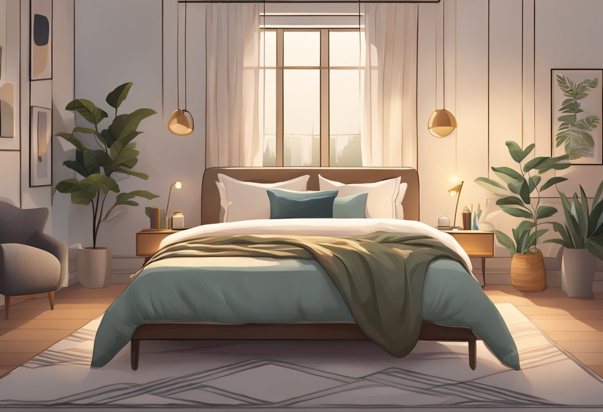 A serene bedroom with a cozy bed, soft lighting, and a tranquil atmosphere