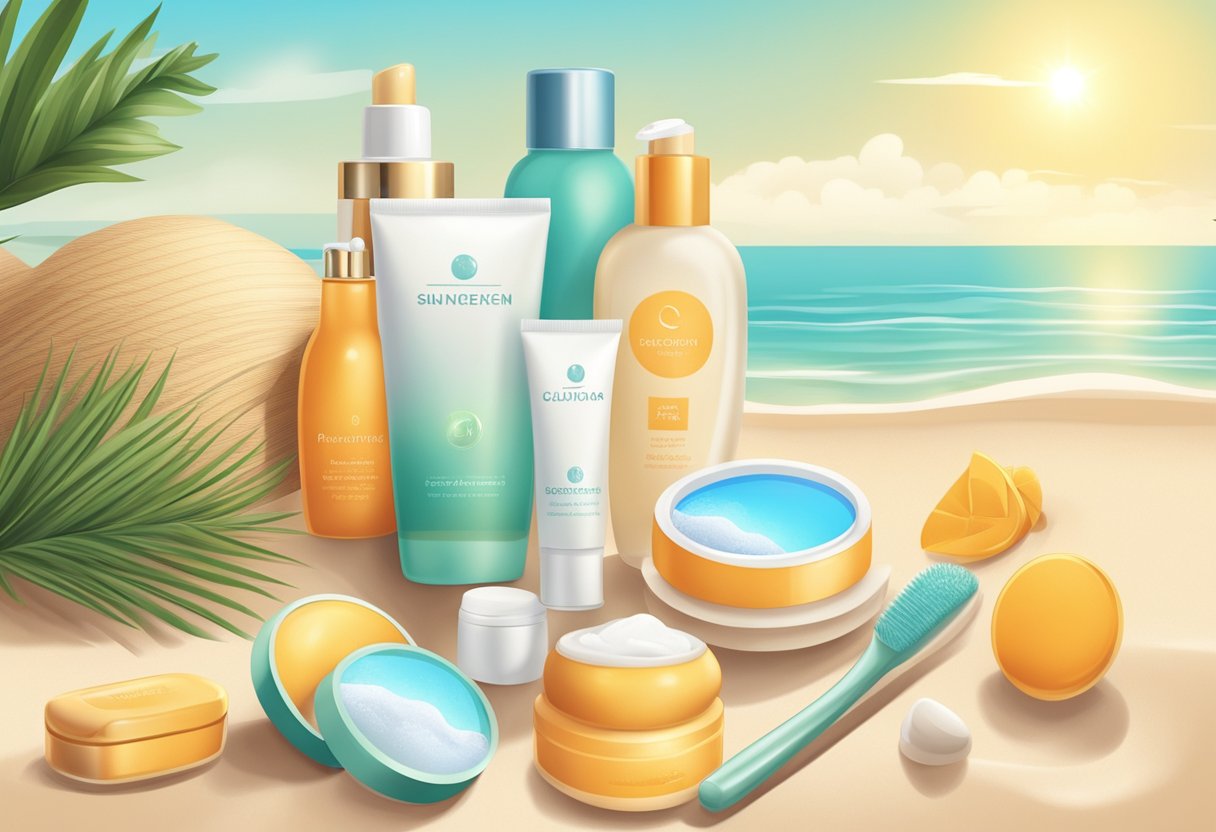 A sunny beach with a bottle of sunscreen, a mirror, and various skincare products arranged in a 10-step routine for glowing skin